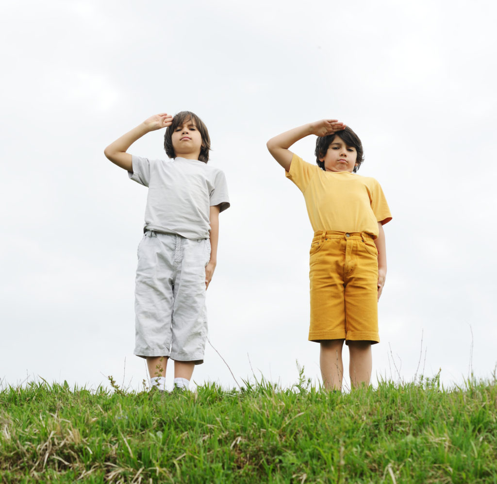 Kids saluting on a green meadow
